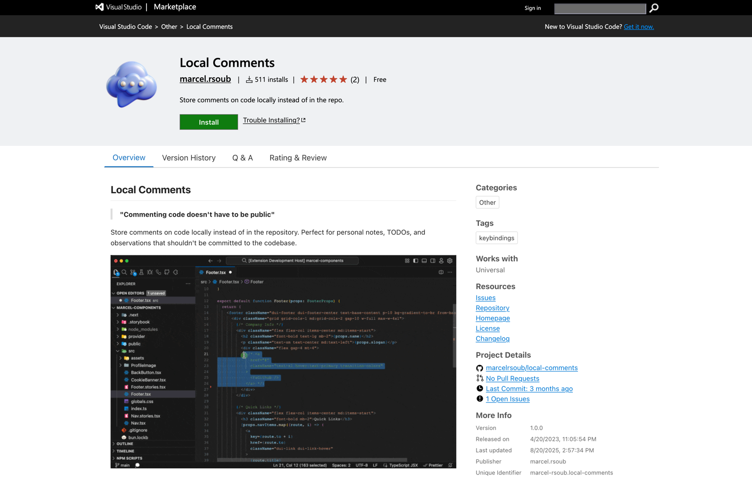 Local Comments VS Code extension marketplace page